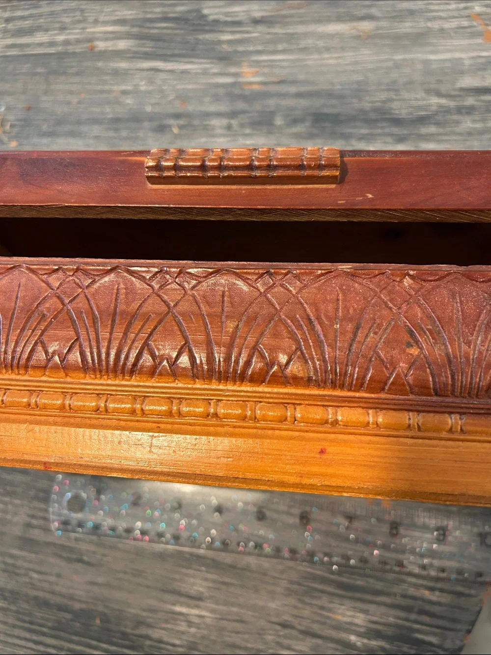 Hand-Carved Wooden Decorative Cedar Box in Warm Brown and Tan Cottage Core
